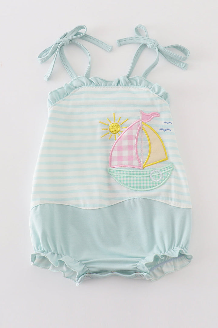 Blue Stripe Sailboat Applique Girl Bubble