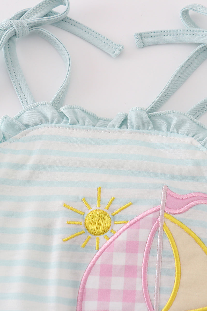 Blue Stripe Sailboat Applique Girl Bubble