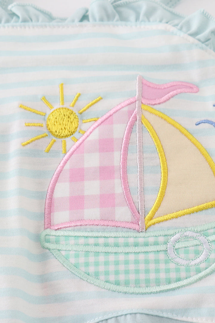 Blue Stripe Sailboat Applique Girl Bubble