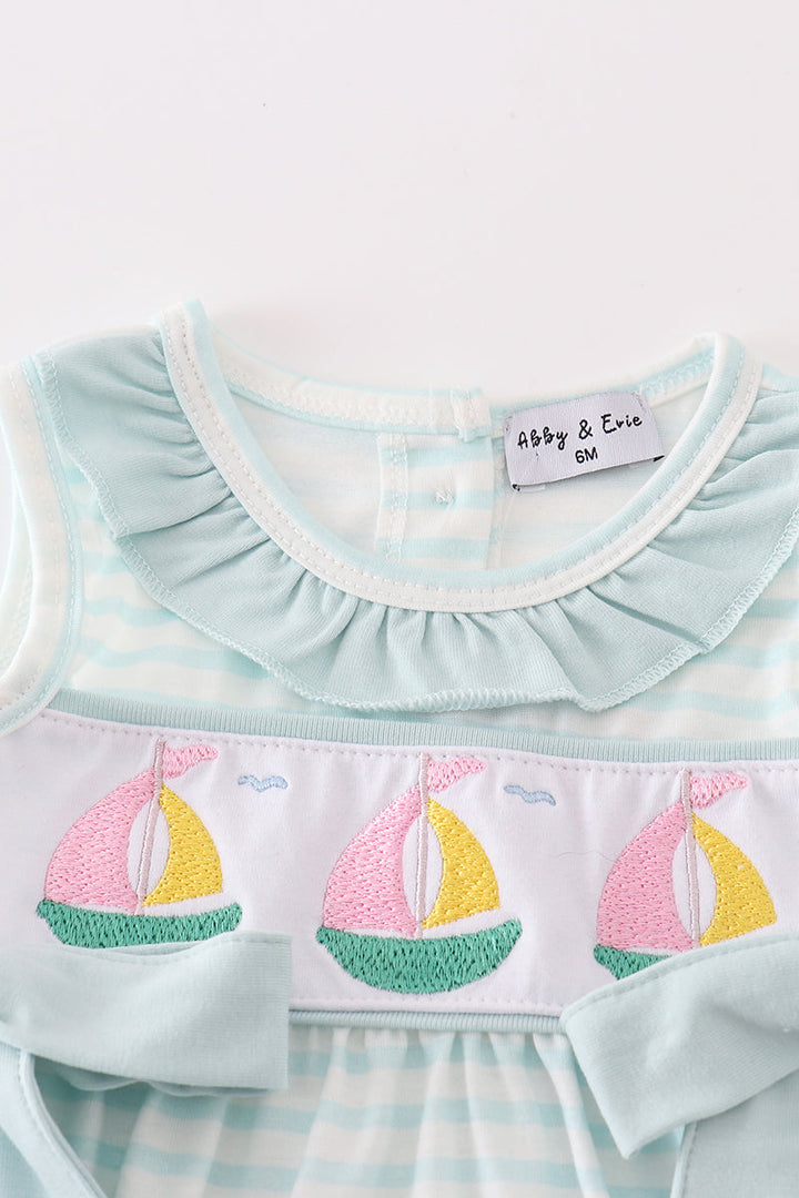 Blue Stripe Sailboat Embroidery Girl Bubble