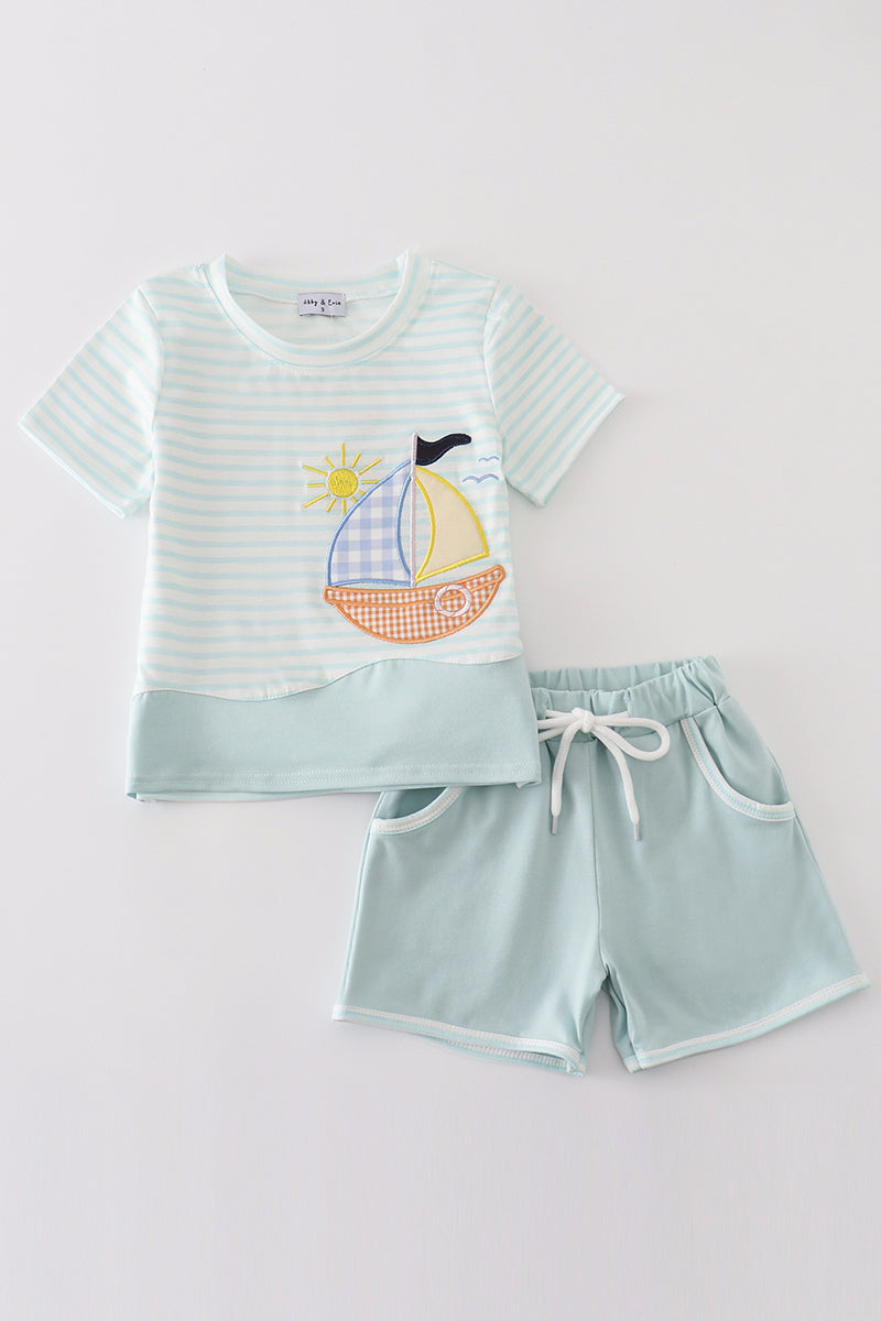 Blue Stripe Sailboat Applique Boy Set