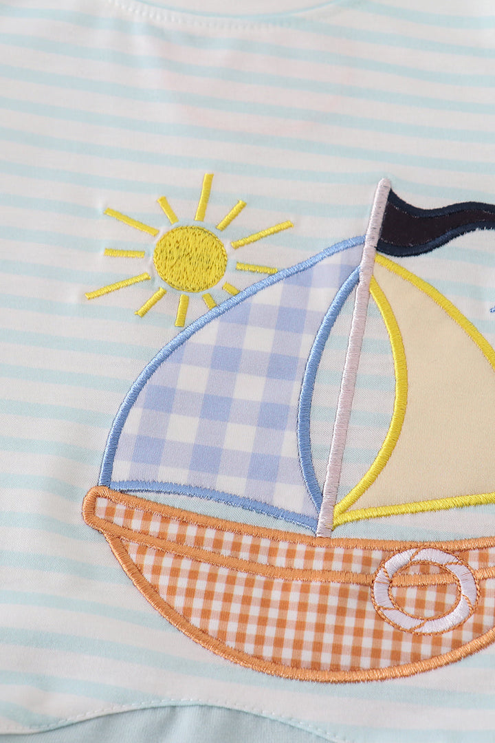 Blue Stripe Sailboat Applique Boy Set