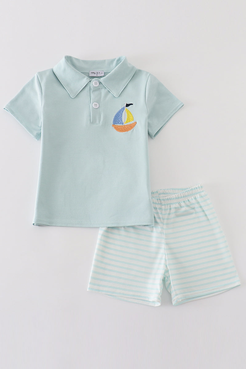 Blue Stripe Sailboat Embroidery Boy Set