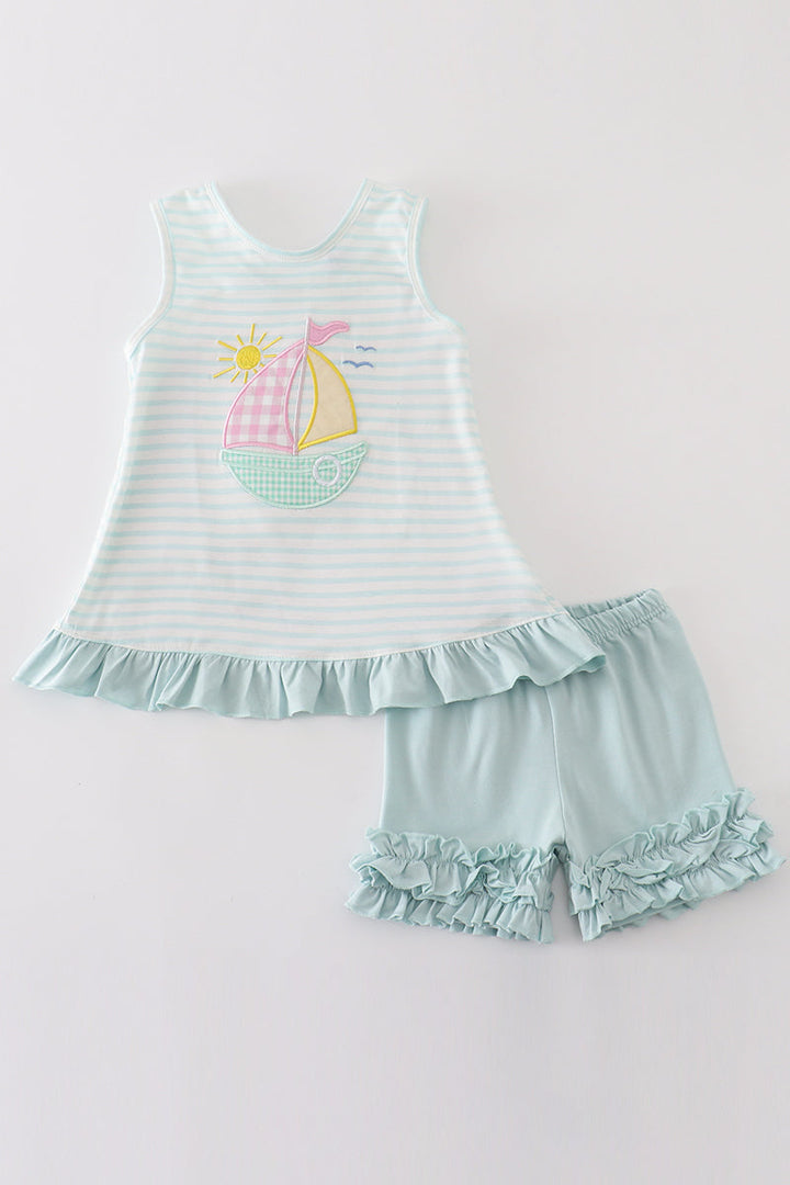 Blue Stripe Sailboat Embroidery Girl Set