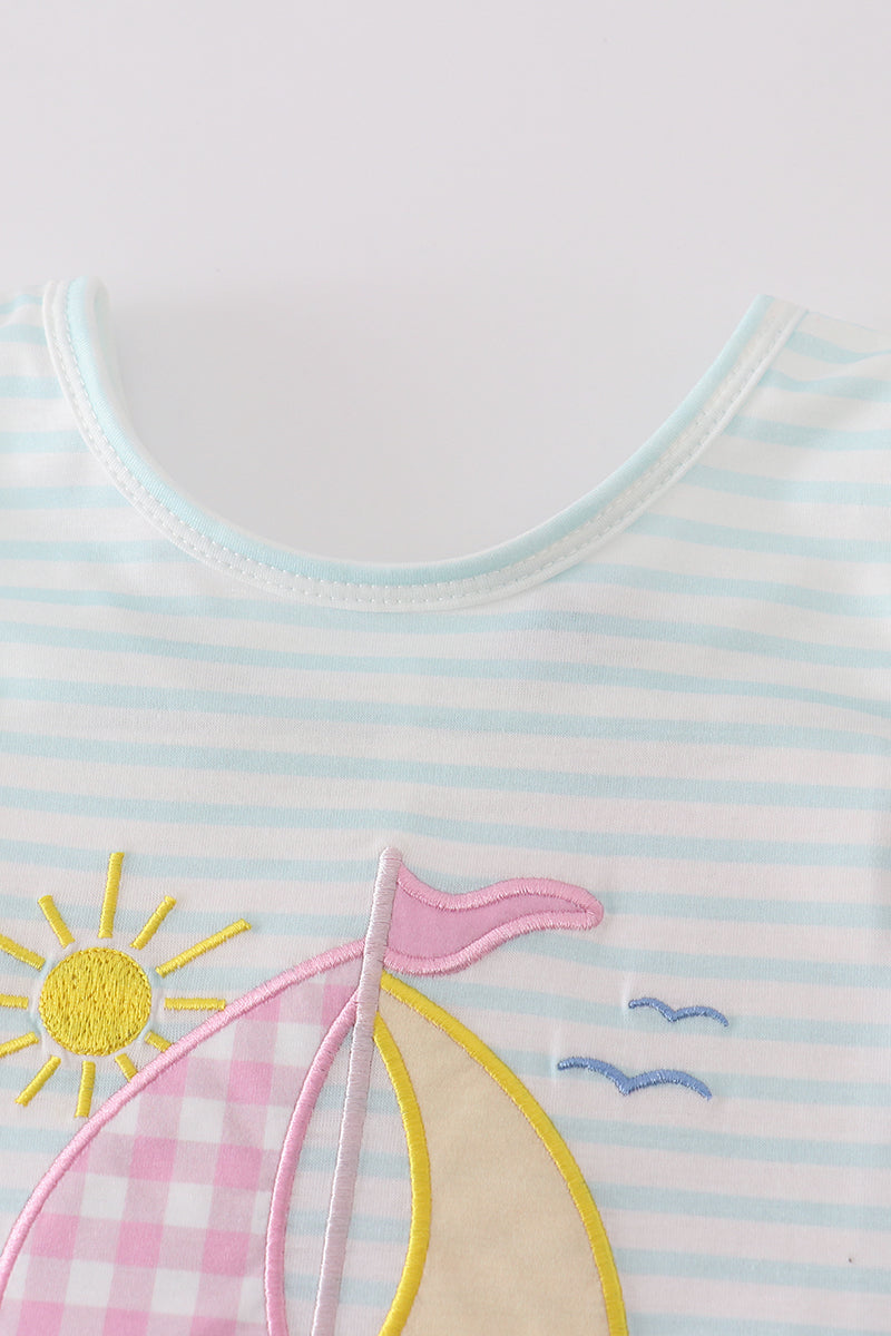 Blue Stripe Sailboat Embroidery Girl Set