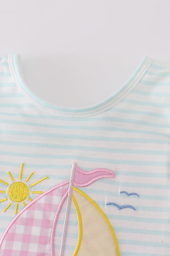 Blue Stripe Sailboat Embroidery Girl Set