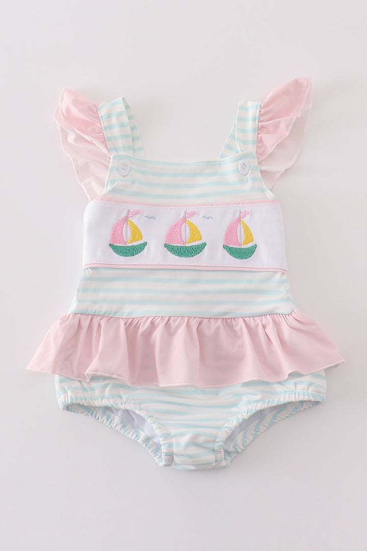 Pink Sailboat Embroidery Girl Swimsuit