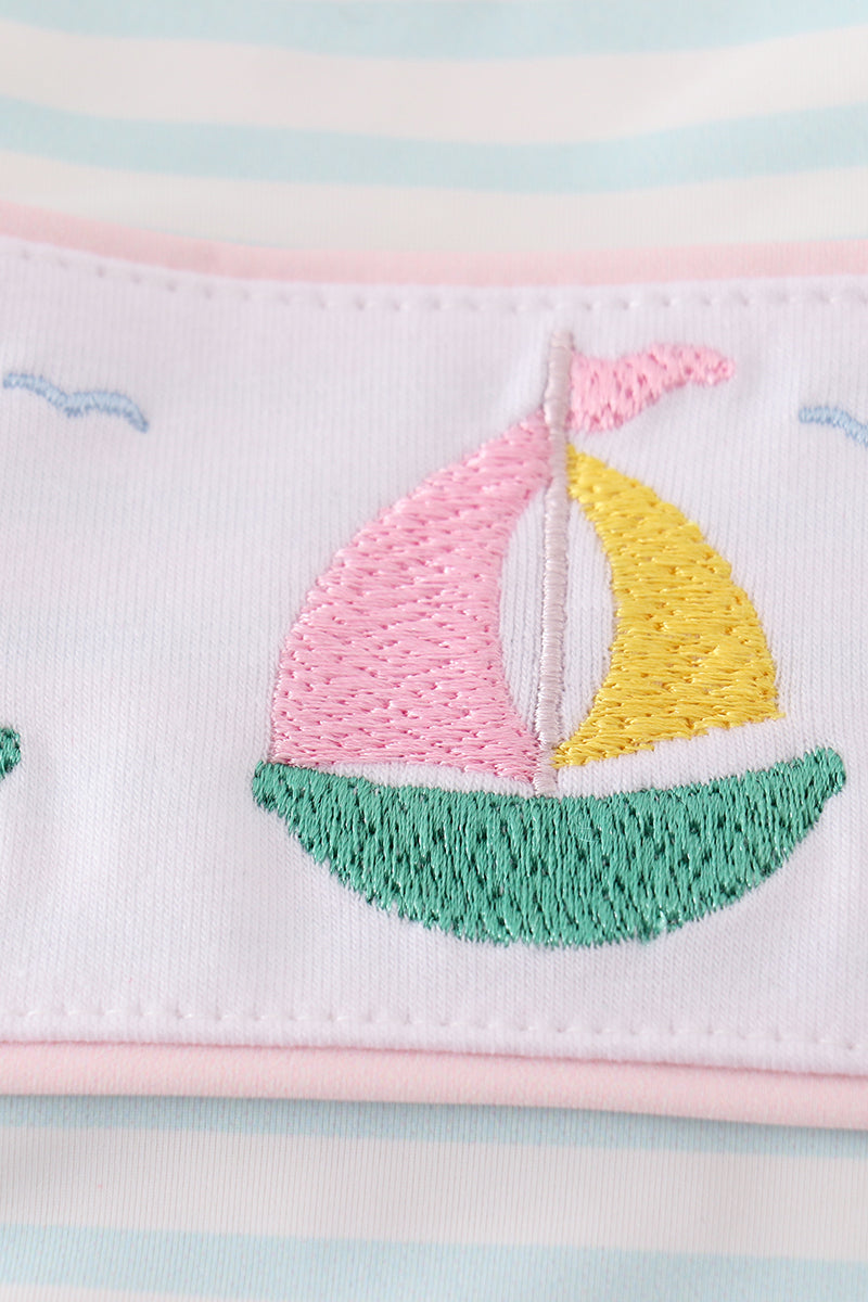 Pink Sailboat Embroidery Girl Swimsuit