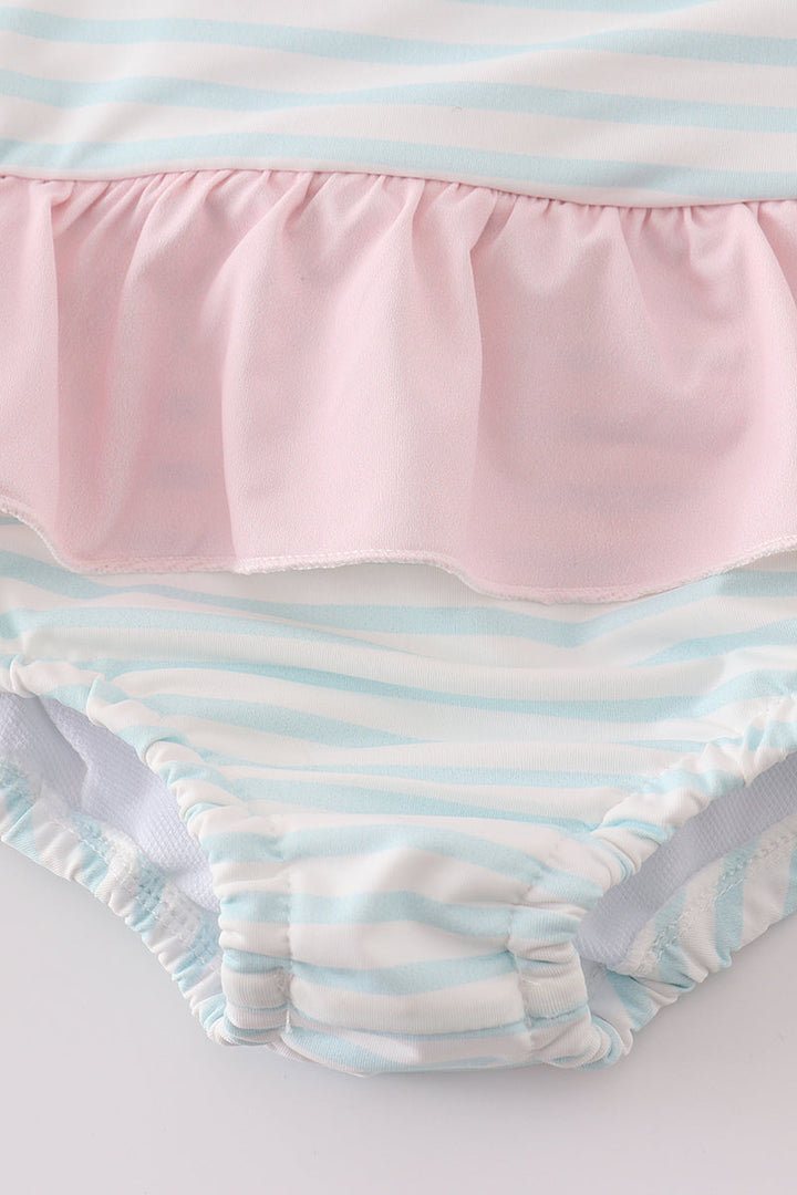 Pink Sailboat Embroidery Girl Swimsuit