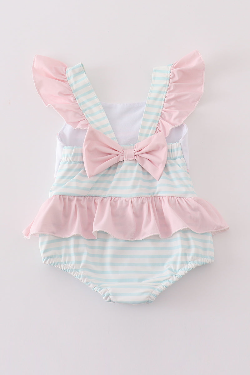 Pink Sailboat Embroidery Girl Swimsuit