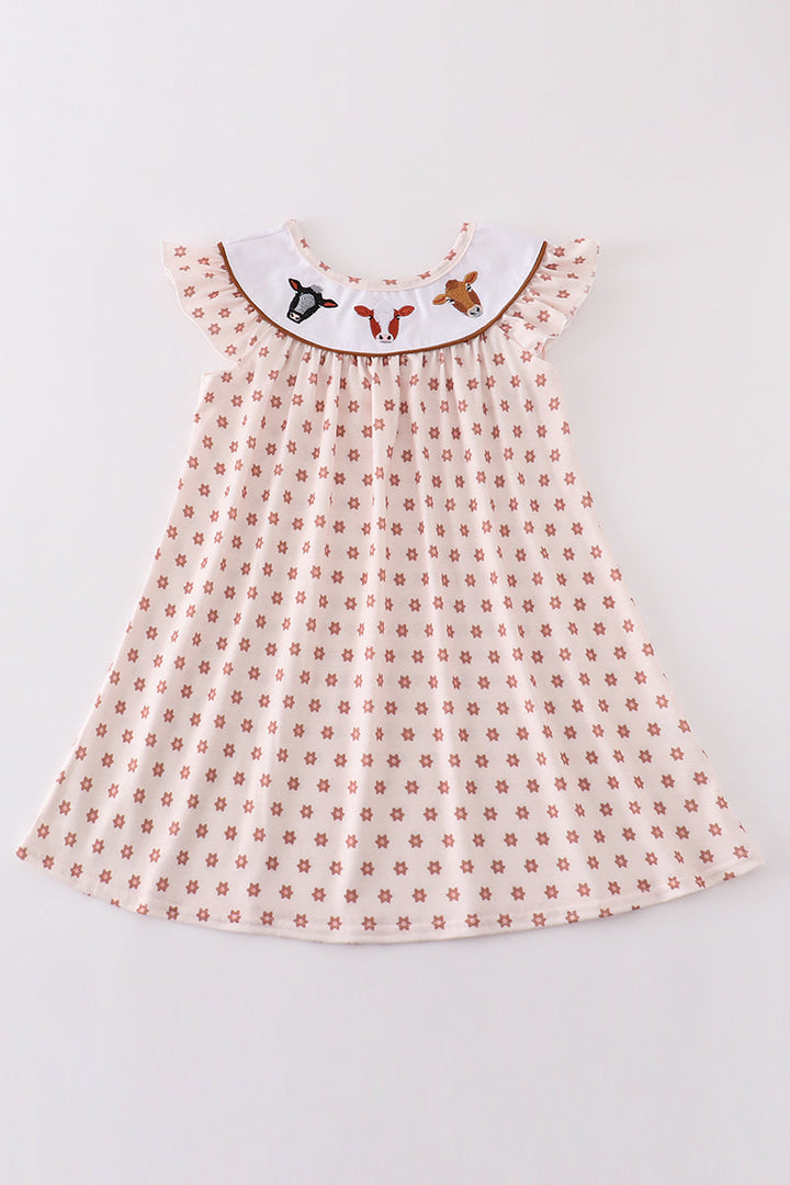 Floral Print Cow Embroidery Girl Dress