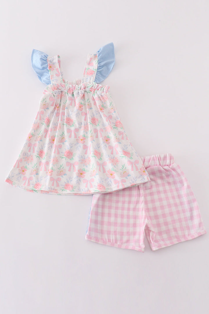 Pink Floral Bow Print Girl Set