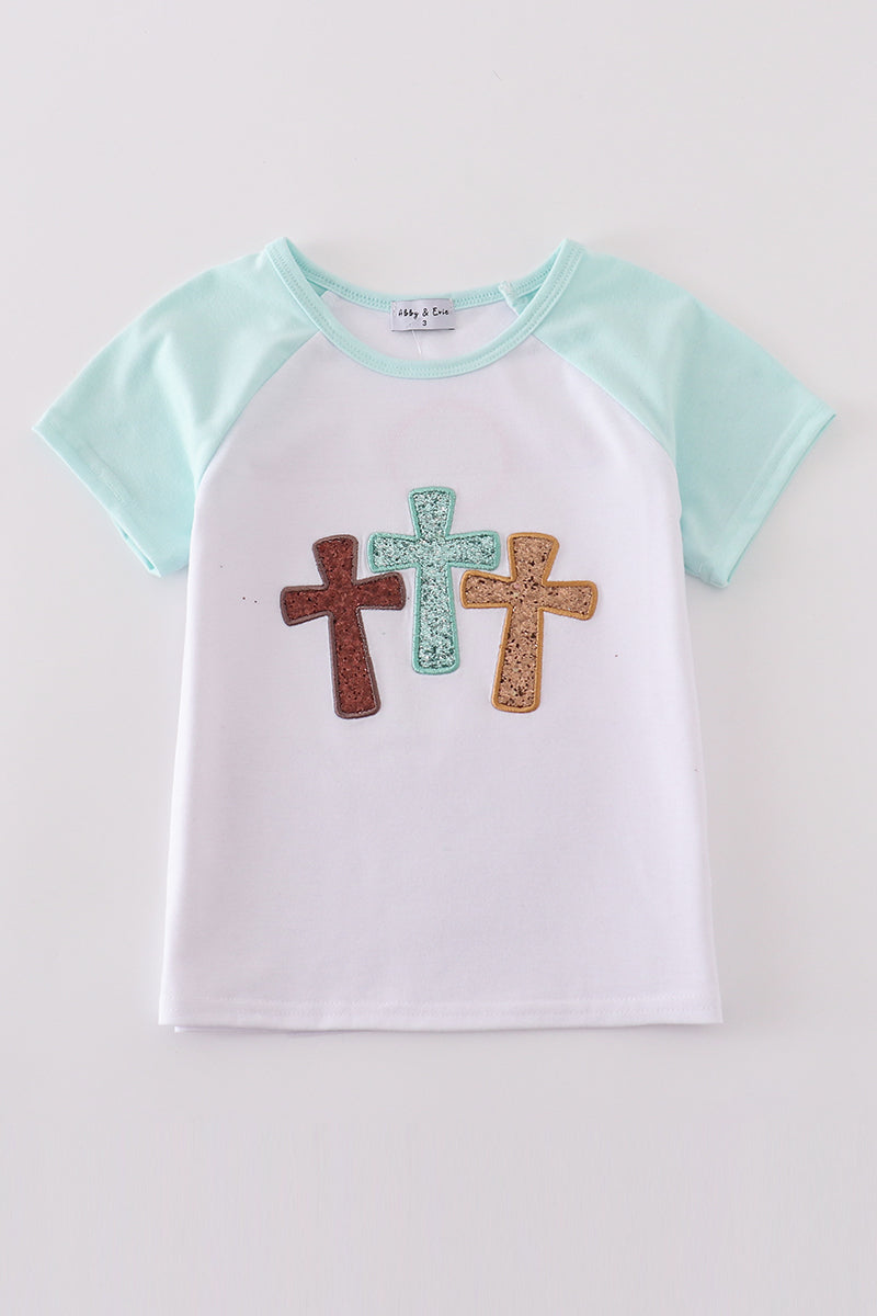 White Cross He Is Risen Glitter Embroidery Mom&me Top