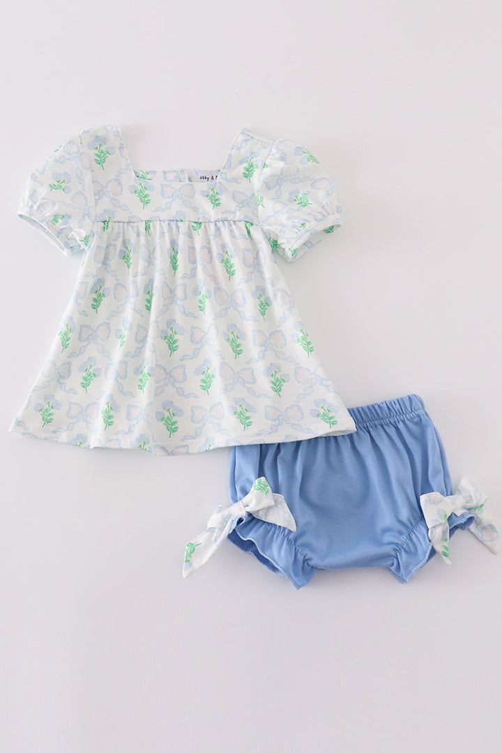 Green Leaves Bow Print Girl Bloomer Set