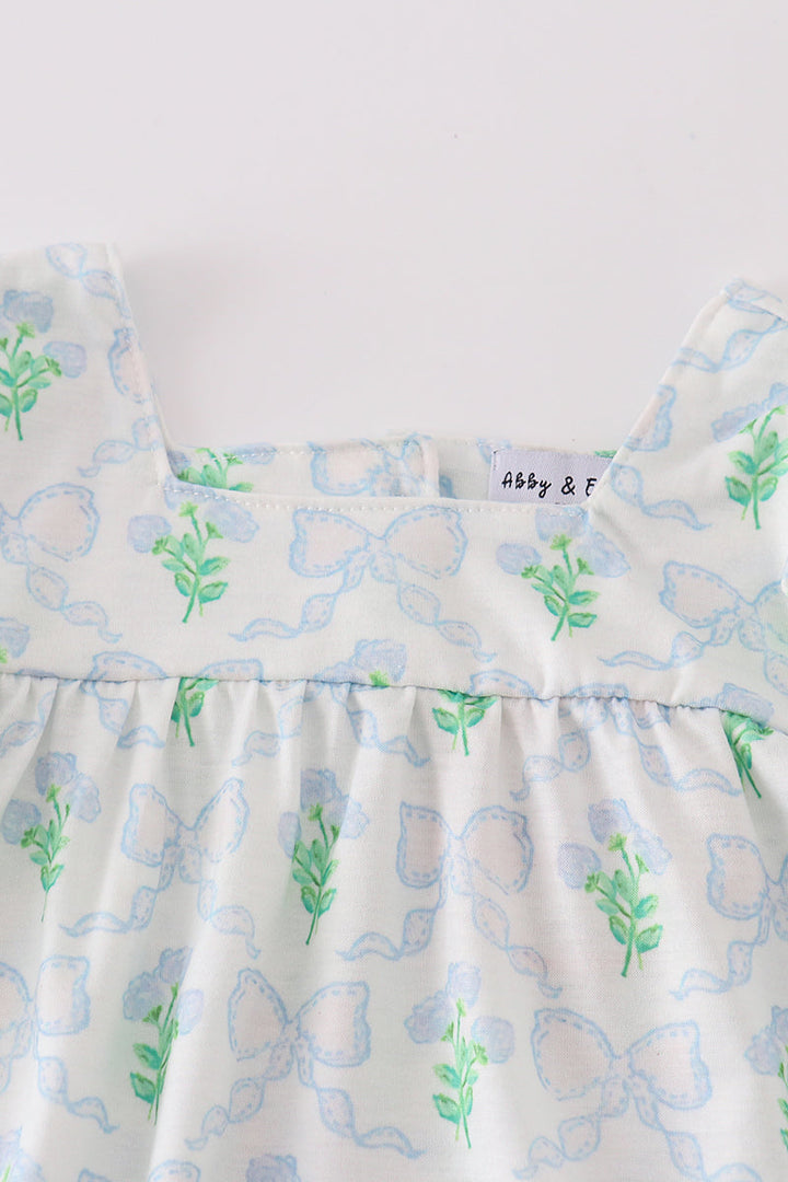 Green Leaves Bow Print Girl Bloomer Set