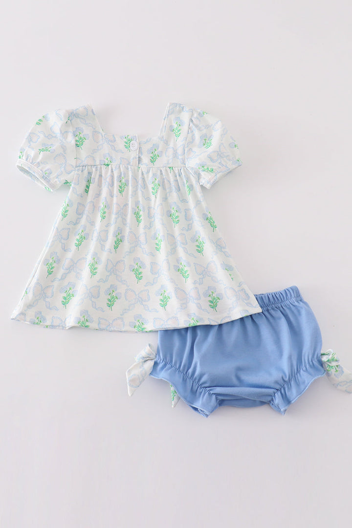 Green Leaves Bow Print Girl Bloomer Set