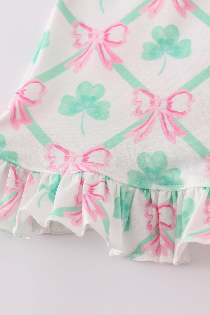 Green St.patricks Clover Print Girl Bloomer Set