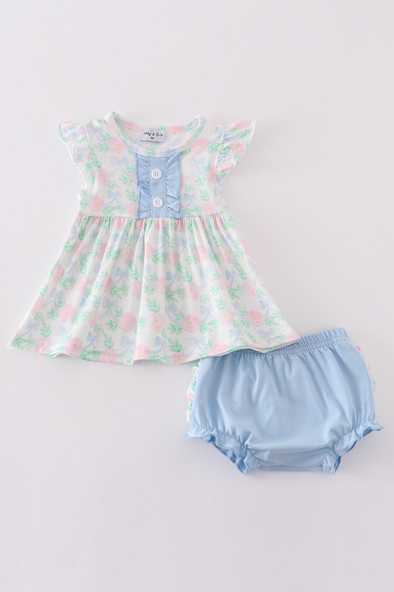 Blue Floral Bow Print Girl Bloomer Set