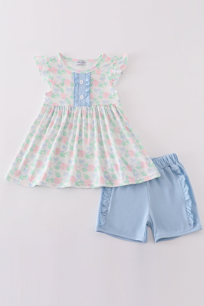 Blue Floral Bow Print Girl Set