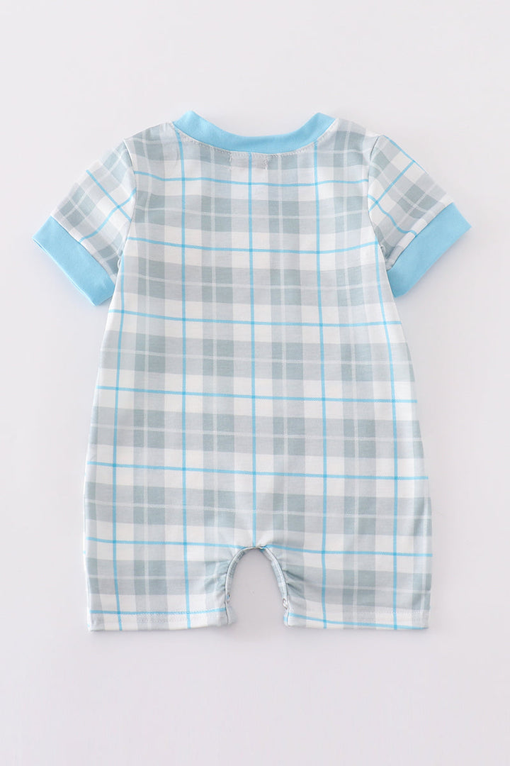 Blue Plaid Character Embroidery Boy Romper