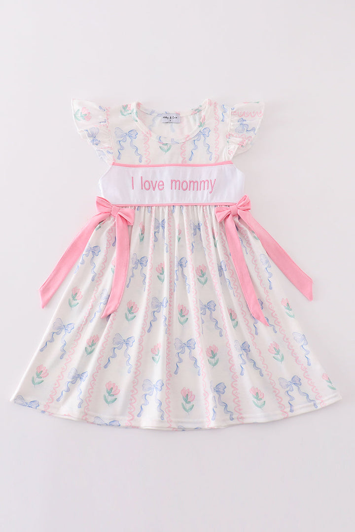 Pink Bow I Love Mommy Embroidery Girl Dress