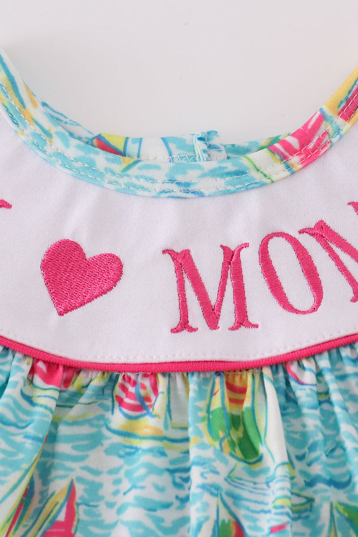 Green Sailboat Love I Love Mom Embroidery Girl Bubble