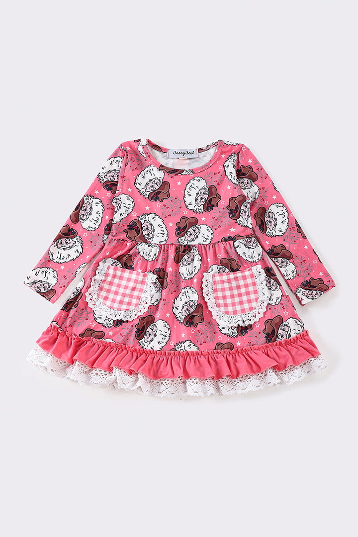 Pink Santa Claus Print Ruffle Dress