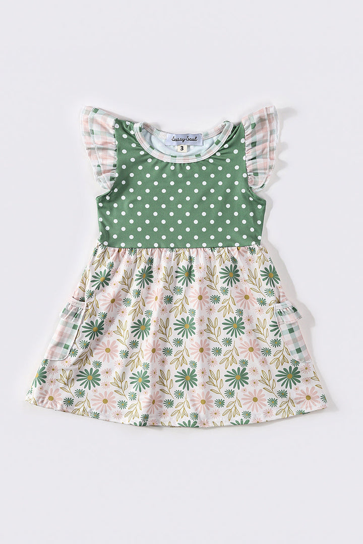 Green Floral Print Dot Dress