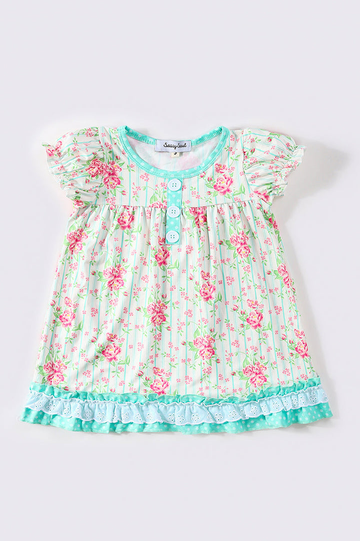 Mint Floral Print Girl Dress