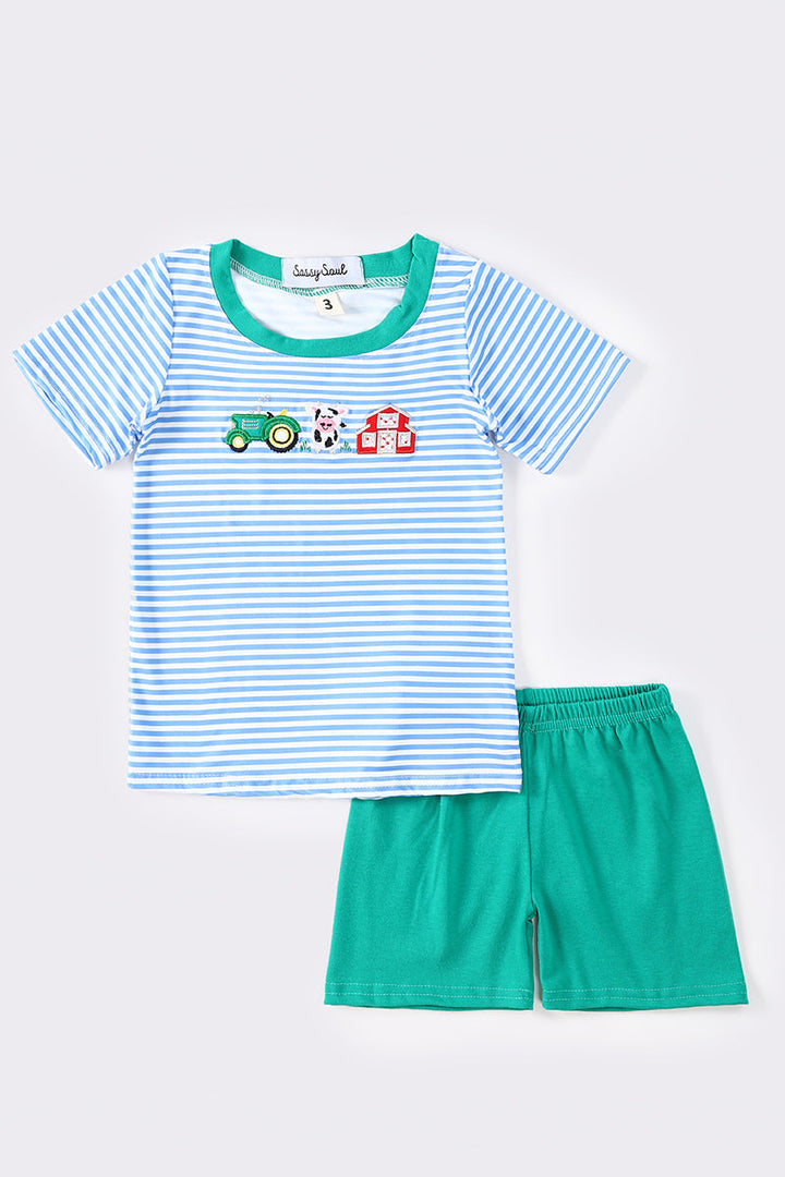 Blue Stripe Farm Embroidery Boy Set