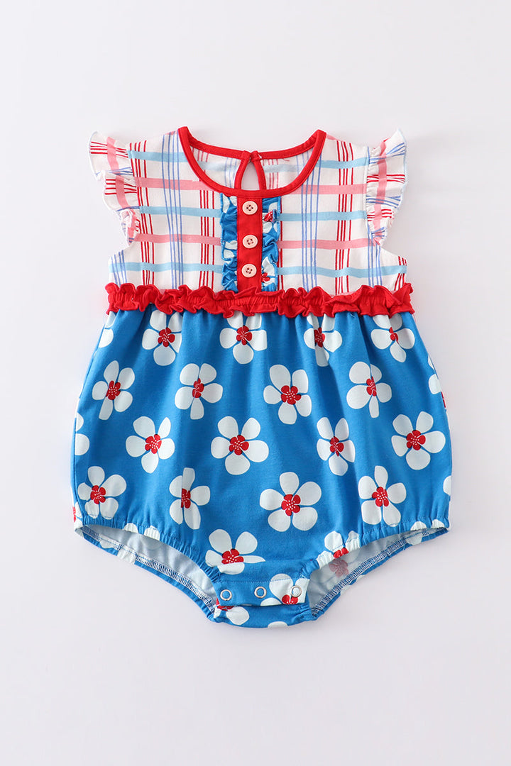 Blue & White Floral Print Ruffle Girl Romper