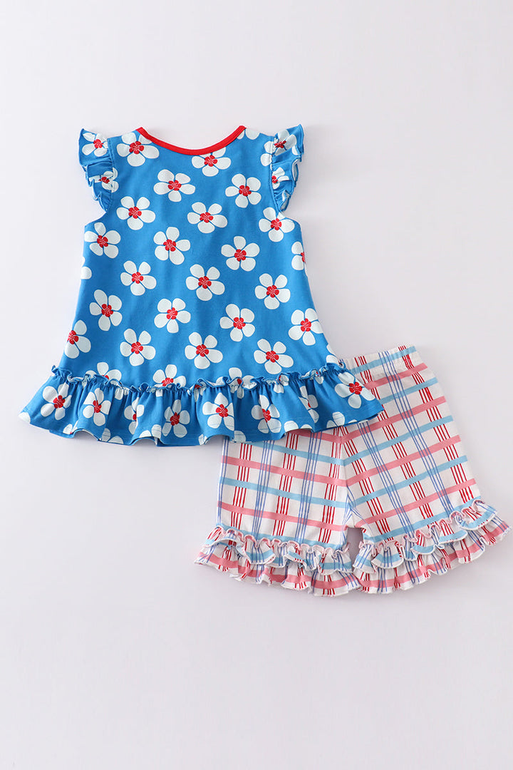 Blue & White Floral Print Ruffle Girl Set