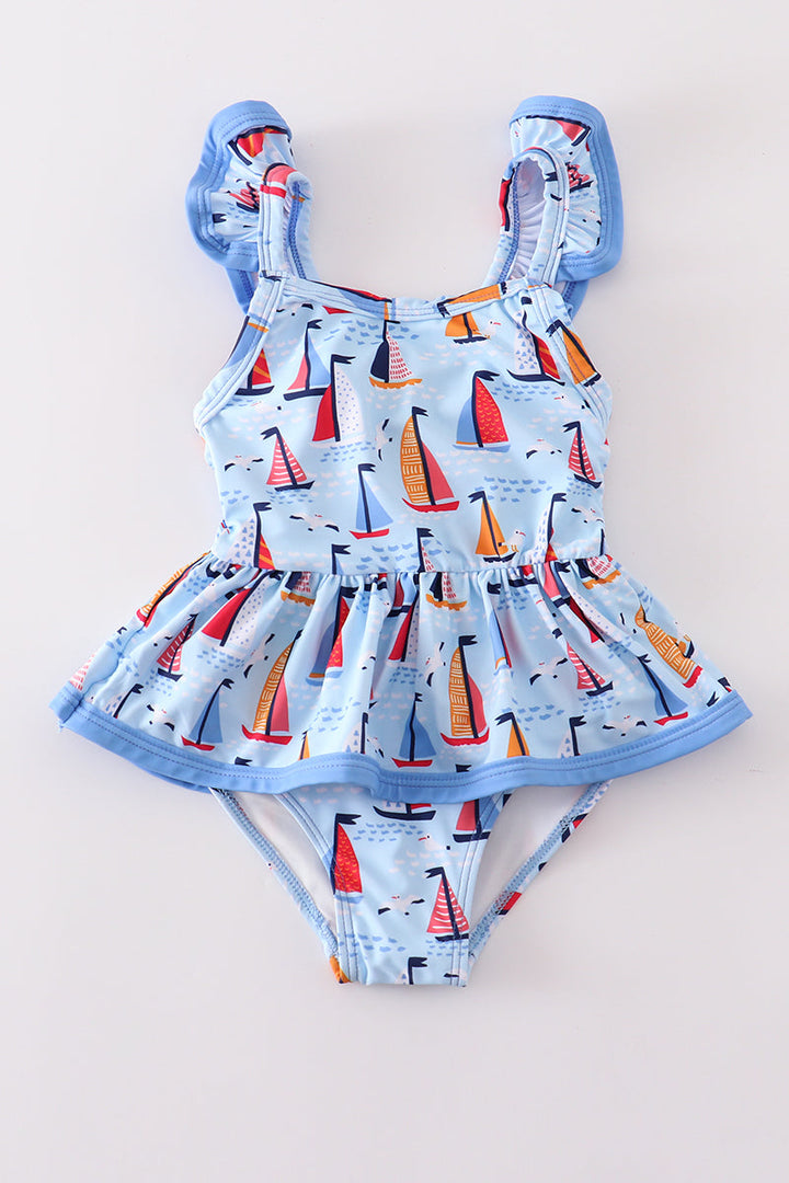 Blue Sailboat Print Girl Swimsuit