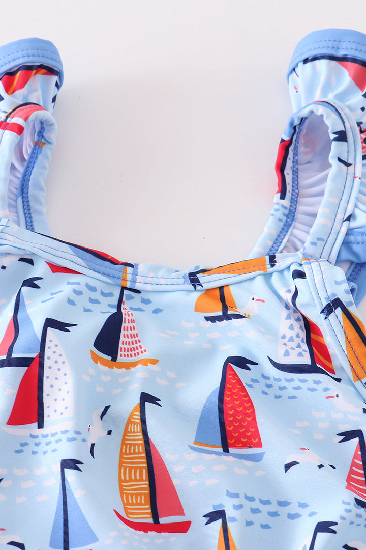 Blue Sailboat Print Girl Swimsuit