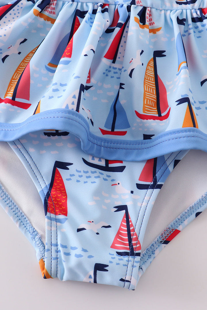 Blue Sailboat Print Girl Swimsuit