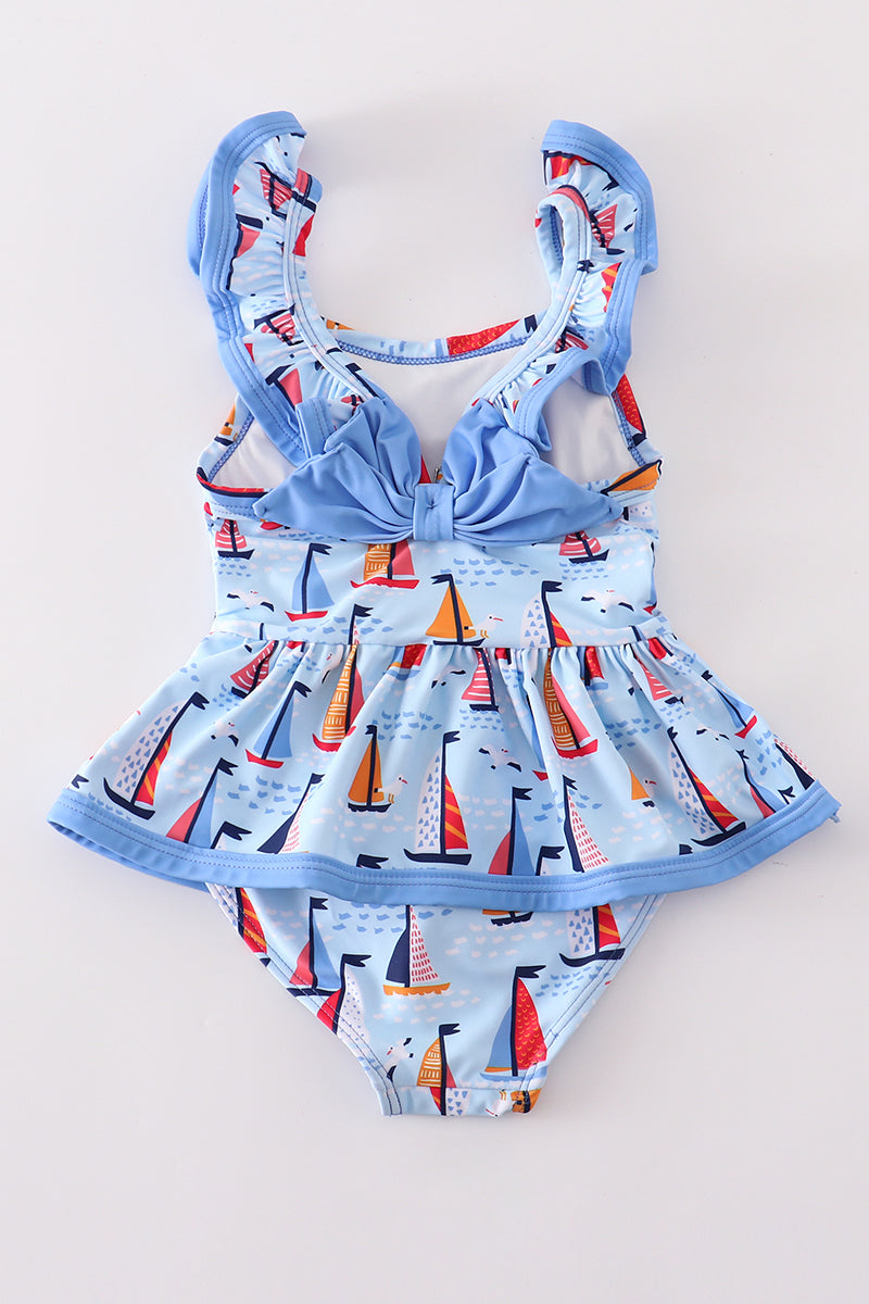 Blue Sailboat Print Girl Swimsuit