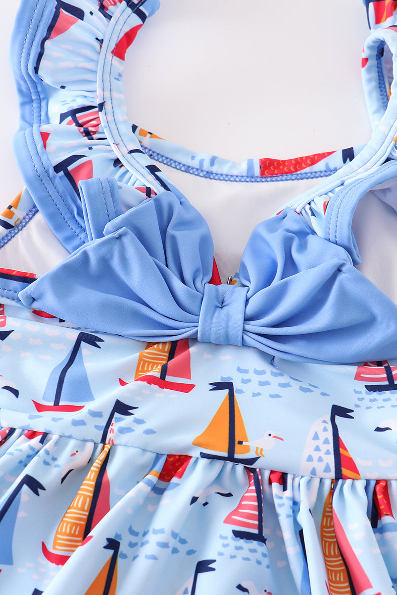 Blue Sailboat Print Girl Swimsuit