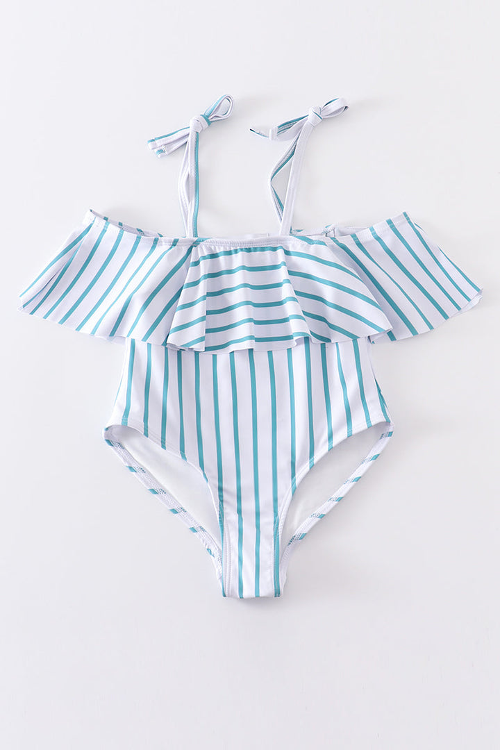 Blue Stripe Strap Girl Swimsuit One Piece Upf50+