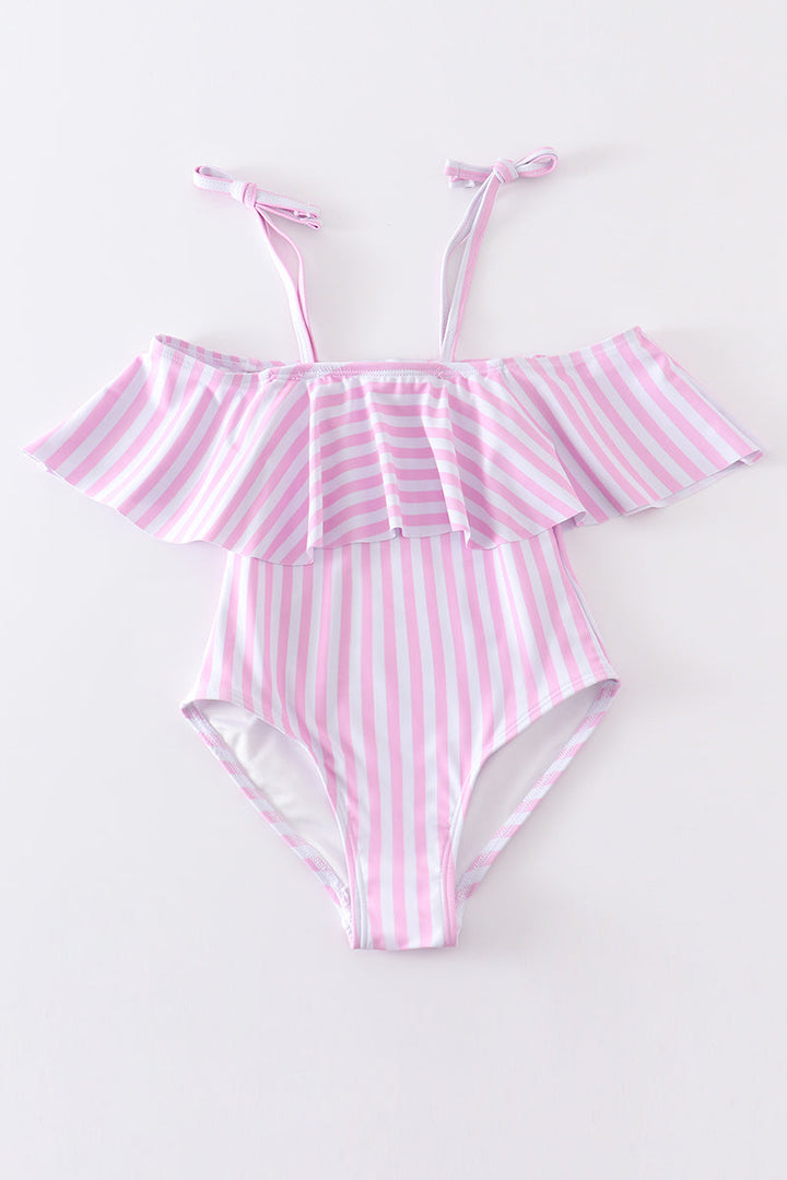 Pink Stripe Strap Girl Swimsuit One Piece Upf50+