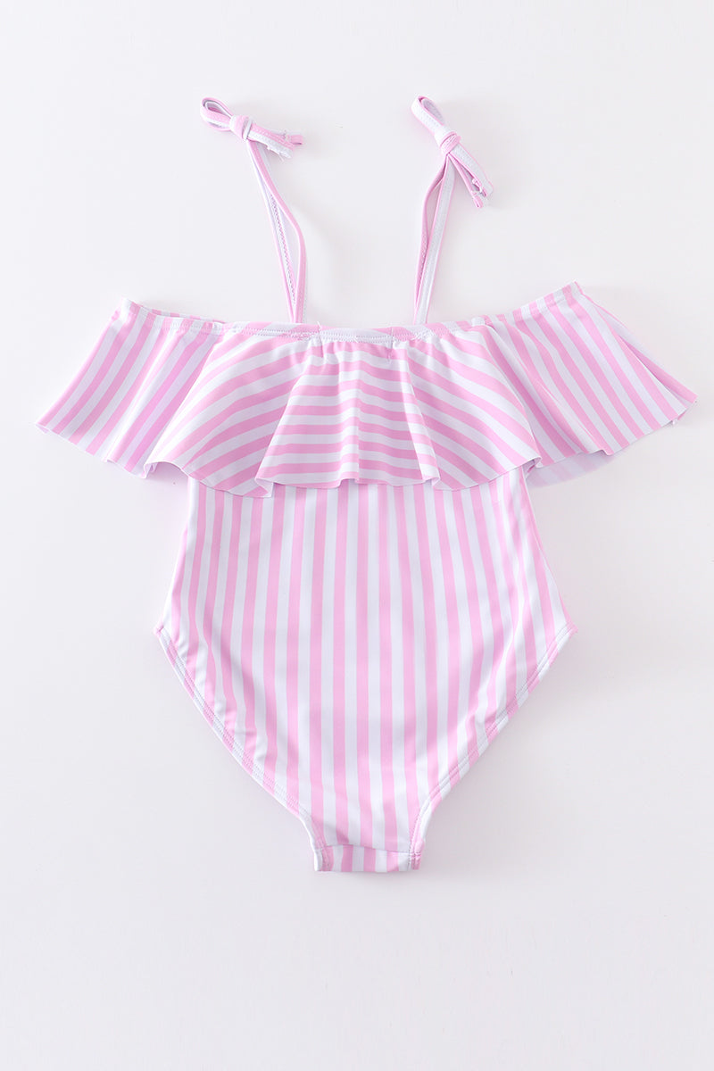 Pink Stripe Strap Girl Swimsuit One Piece Upf50+