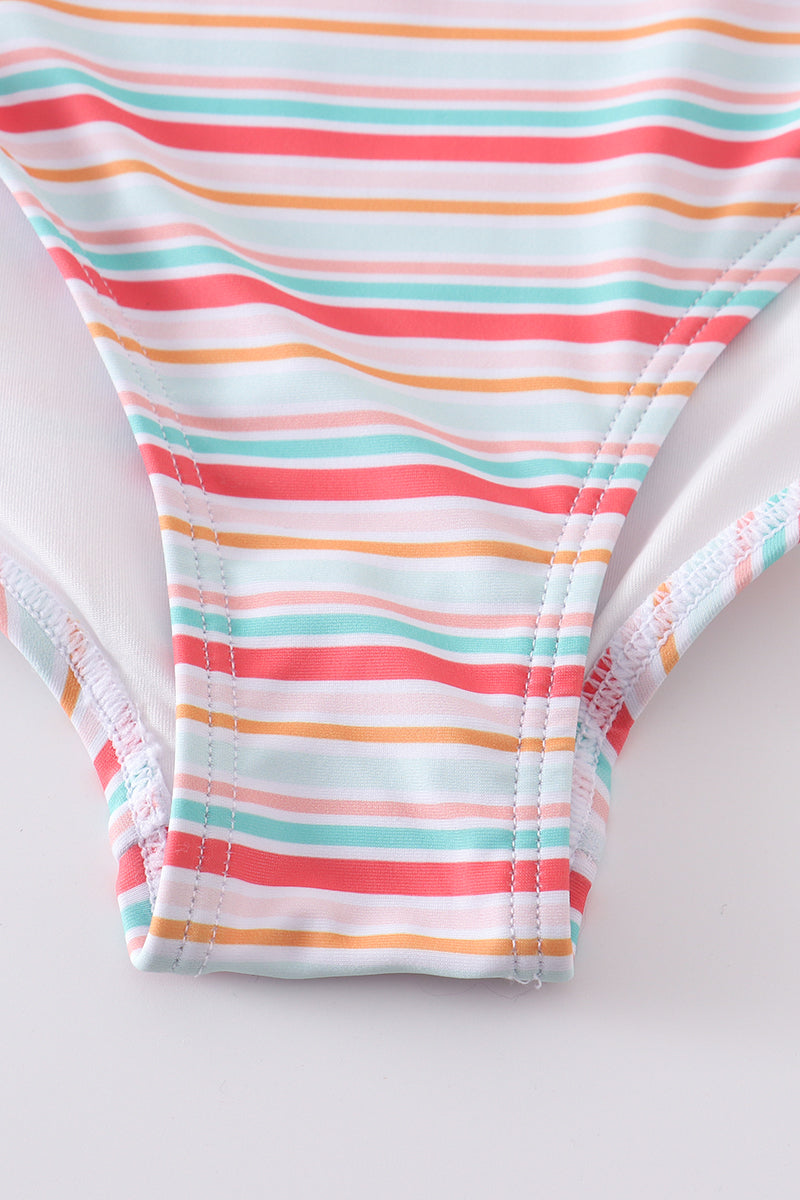 Rainbow Stripe Strap Girl Swimsuit One Piece Upf50+