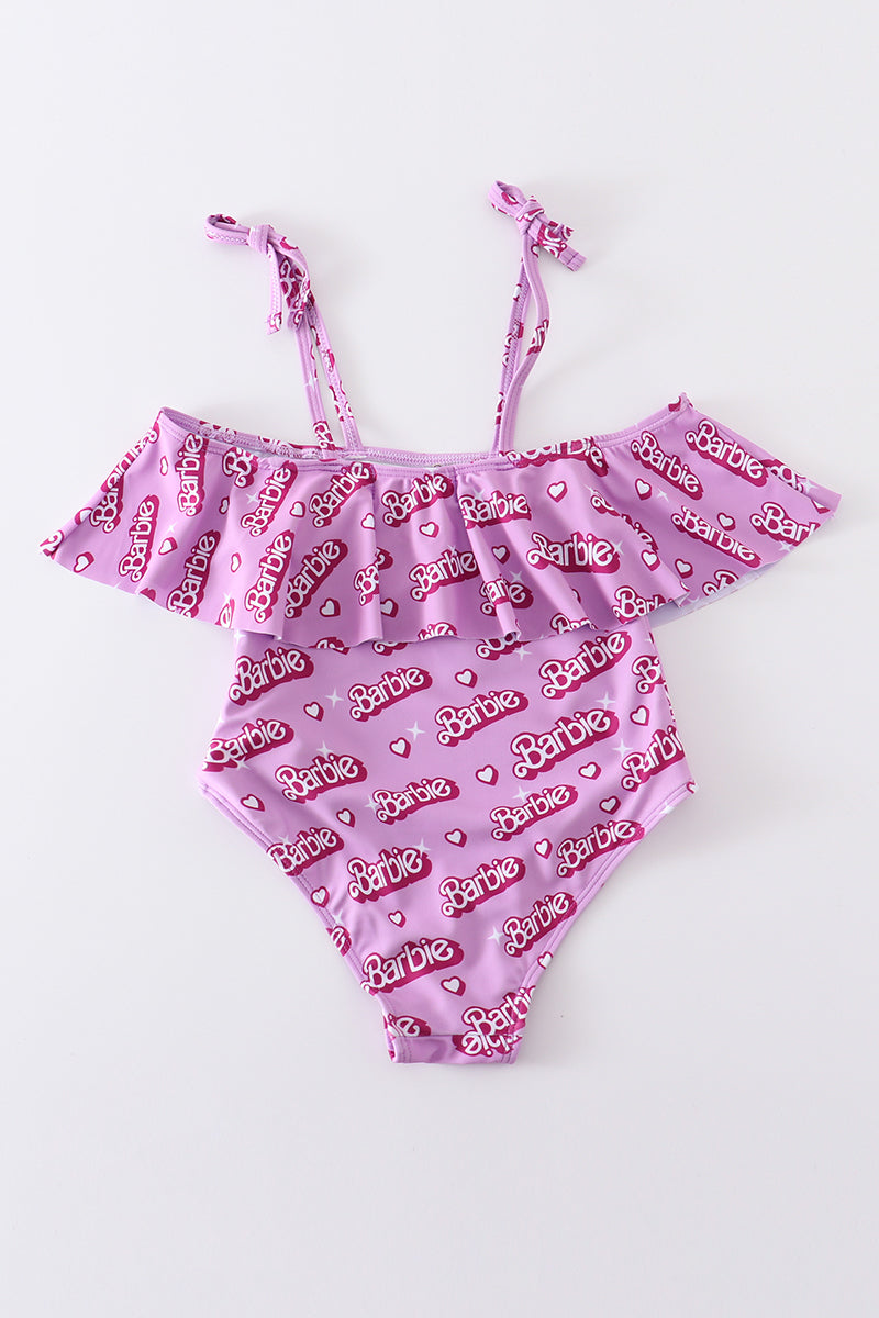 Pink Barbie Print Strap Girl Swimsuit One Piece Upf50+