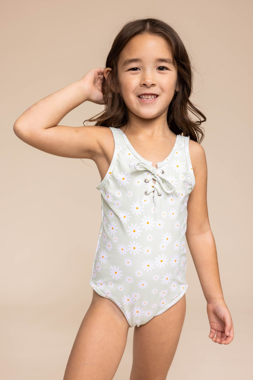 Green Daisy Print Tie One Piece Girl Swimsuit