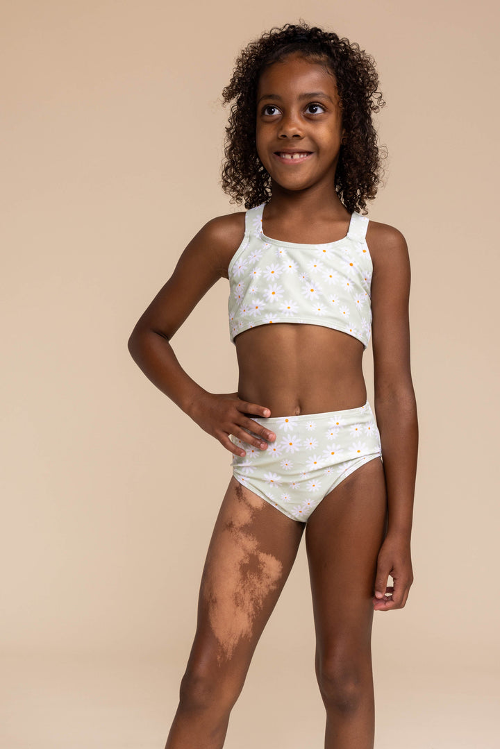 Green Daisy Print 2pc Girl Swimsuit (size Run Small, Go Up 1-2 Sizes)