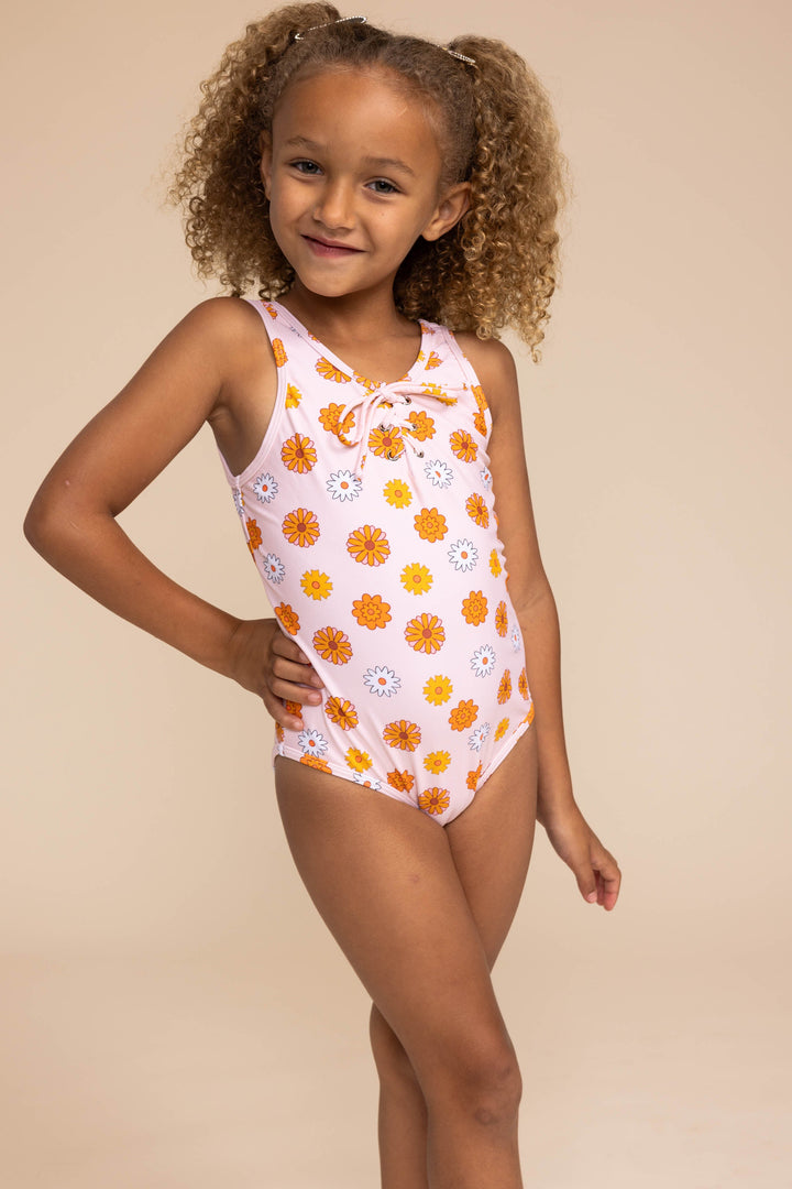 Orange Floral Print Tie One Piece Girl Swimsuit