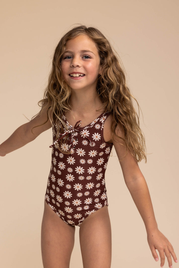 Warm Brown Floral Print Tie One Piece Girl Swimsuit