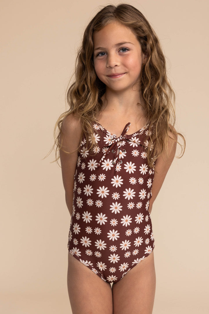 Warm Brown Floral Print Tie One Piece Girl Swimsuit