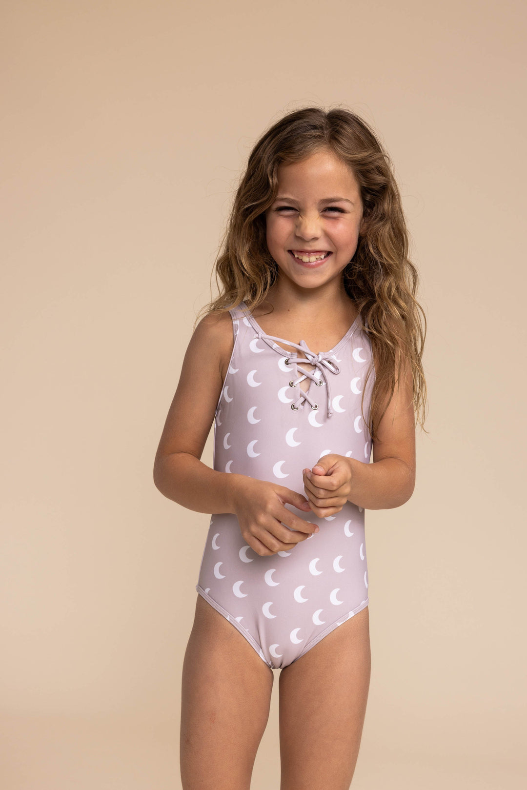 Moon Print Tie One Piece Girl Swimsuit