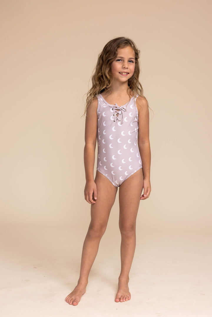 Moon Print Tie One Piece Girl Swimsuit