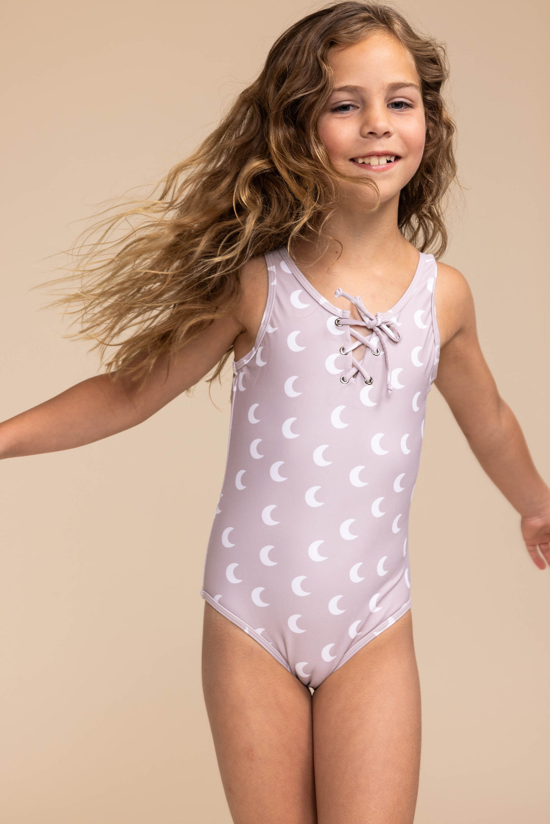 Moon Print Tie One Piece Girl Swimsuit